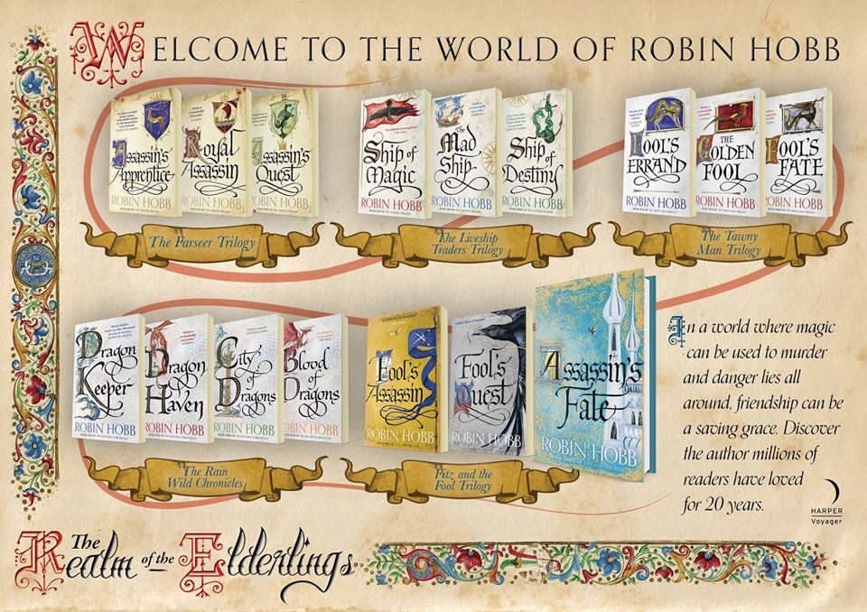 An infographic depicting The Realm of the Elderlings United Kingdom bookcovers, grouped by series.